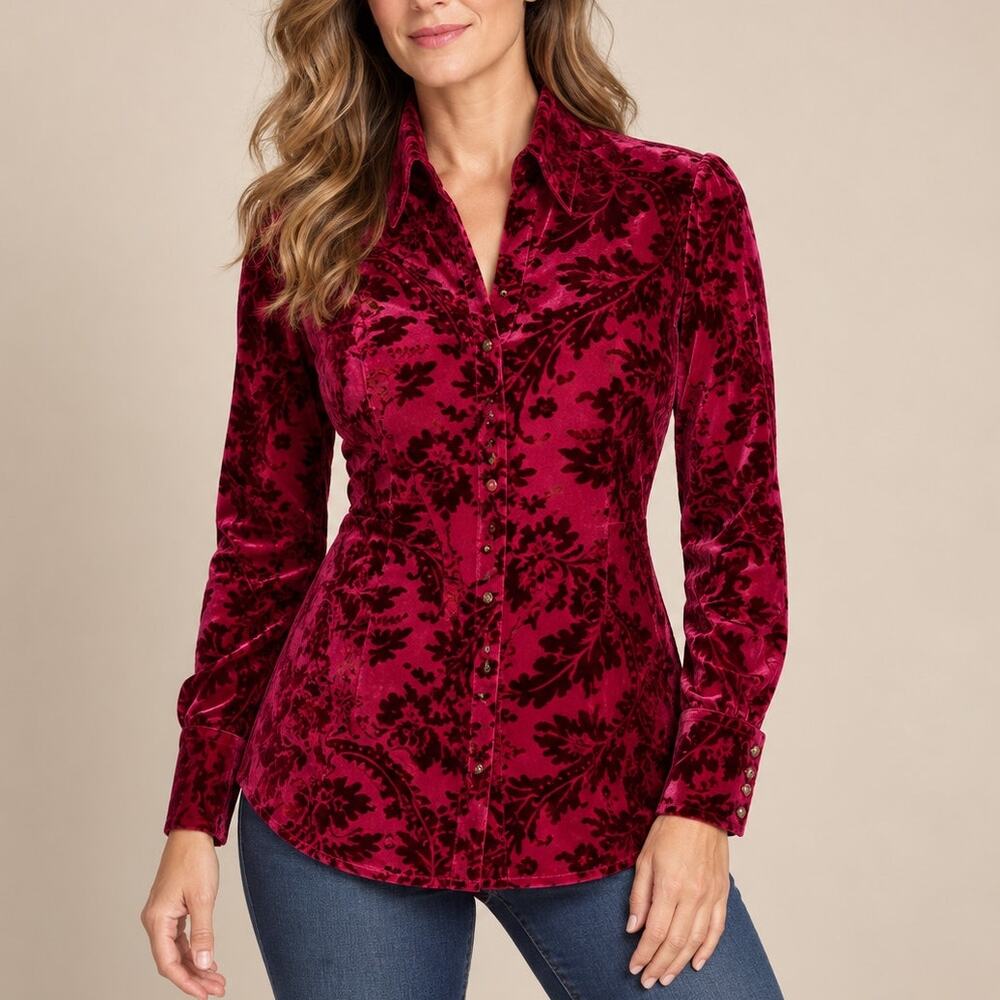 SOFT SURROUNDINGS Floreat Burnout Velvet Blouse Rumba Red Black Small NWT